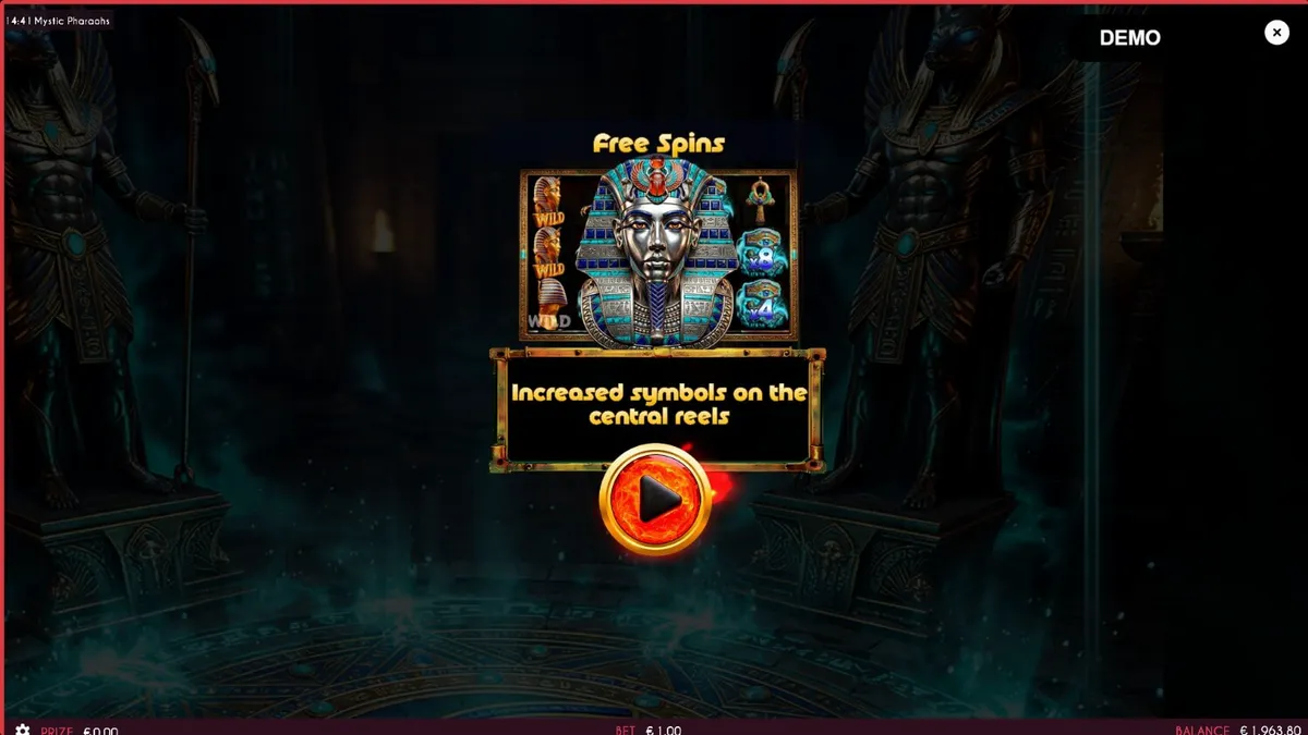 Tampilan visual slot Mystic Pharaoh dengan latar belakang makam Mesir kuno dan simbol firaun.